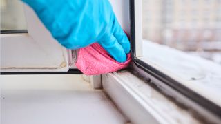 Cleaning window track with gloved hand and cloth