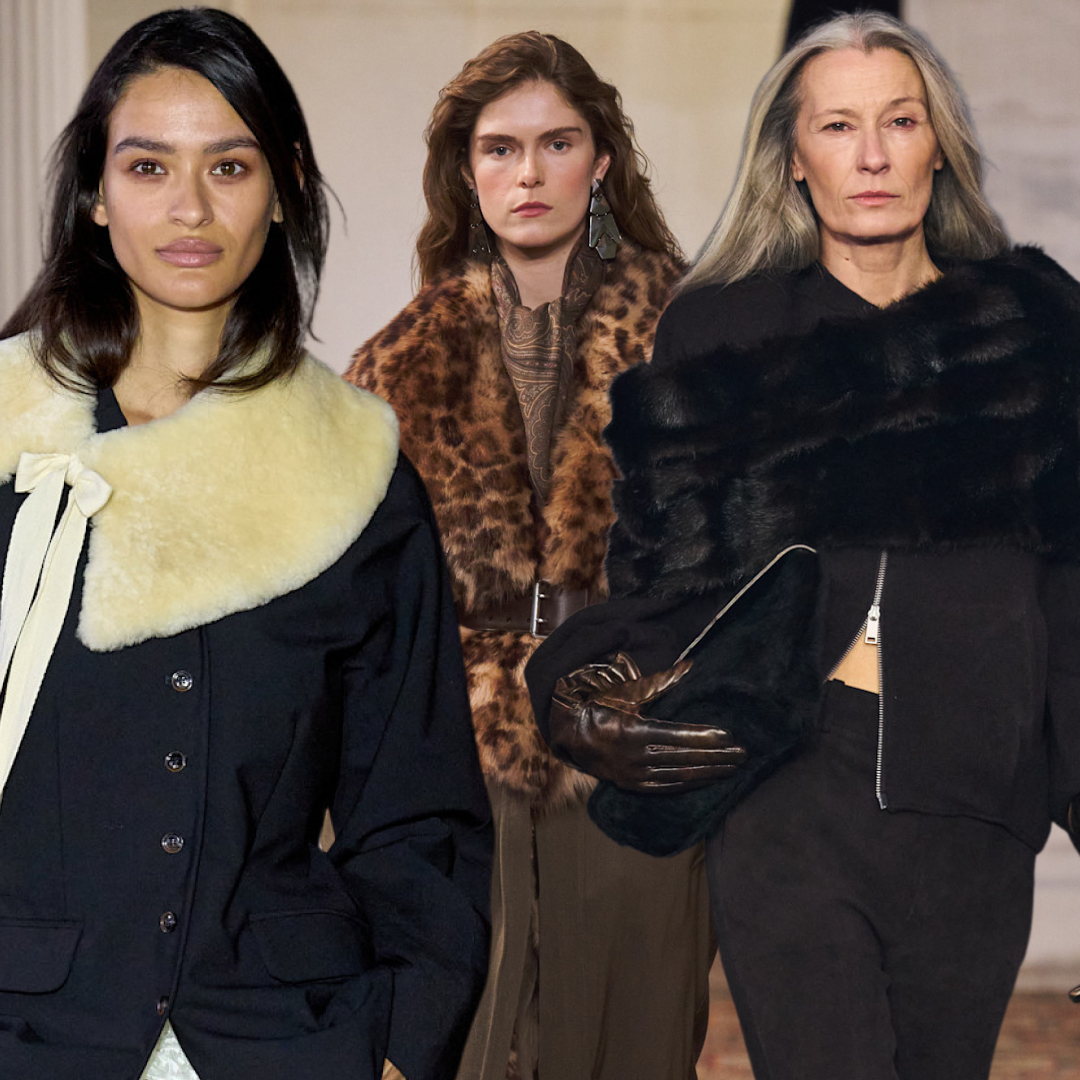 three models wearing fur collars on runways in new york and copenhagen