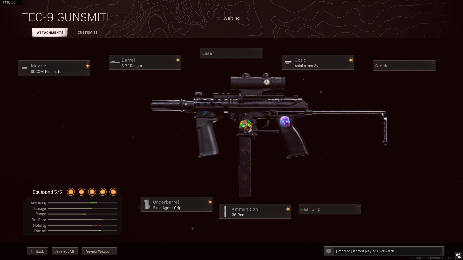 This TEC-9 warzone loadout has these attachments: SOCOM eliminator, 6.7 inch ranger, axial arms 3x, field agent grip, and 36 round mags.