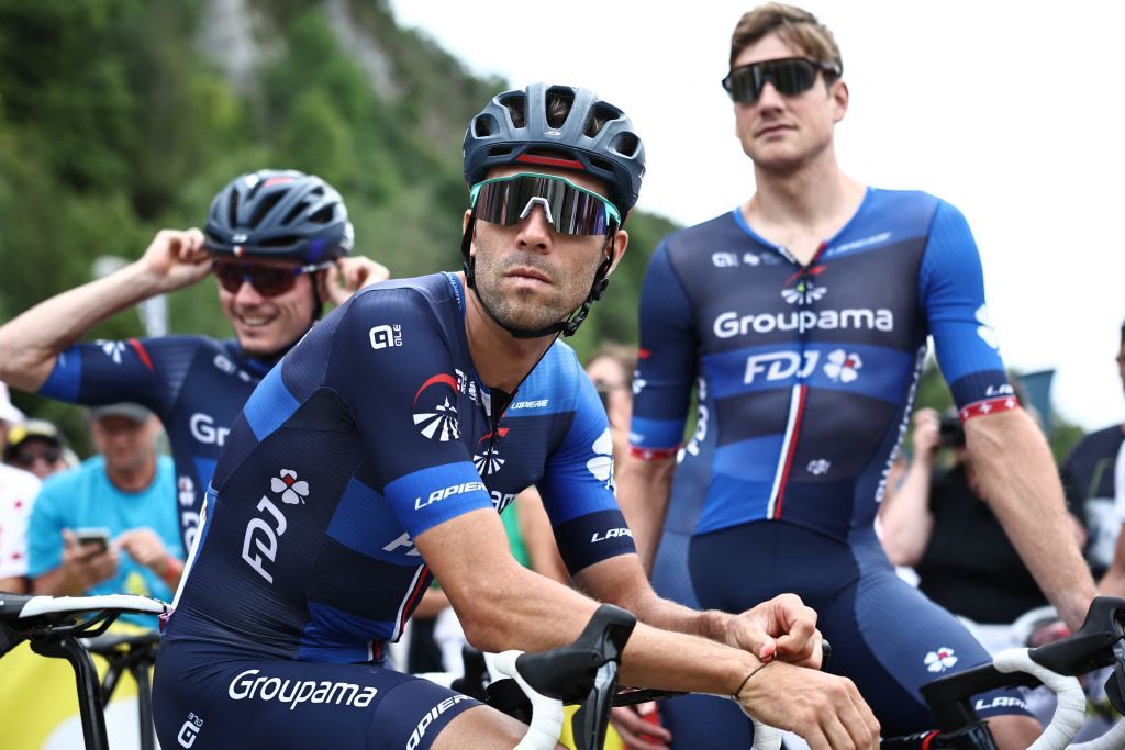 Groupama FDJs French rider Thibault Pinot C awaits the start of the 19th stage of the 110th edition of the Tour de France cycling race 173 km between MoiransenMontagne and Poligny in the Jura department of centraleastern France on July 21 2023 Photo by AnneChristine POUJOULAT AFP Photo by ANNECHRISTINE POUJOULATAFP via Getty Images