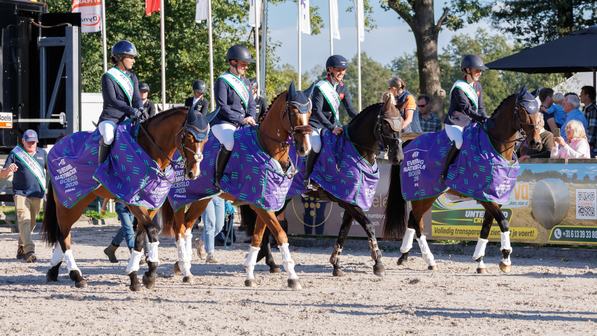 The British team on their lap of honour after winning the 2026 eventing Nations Cup Final at Boekelo.