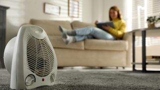 Space heater in a room with lady lying on sofa