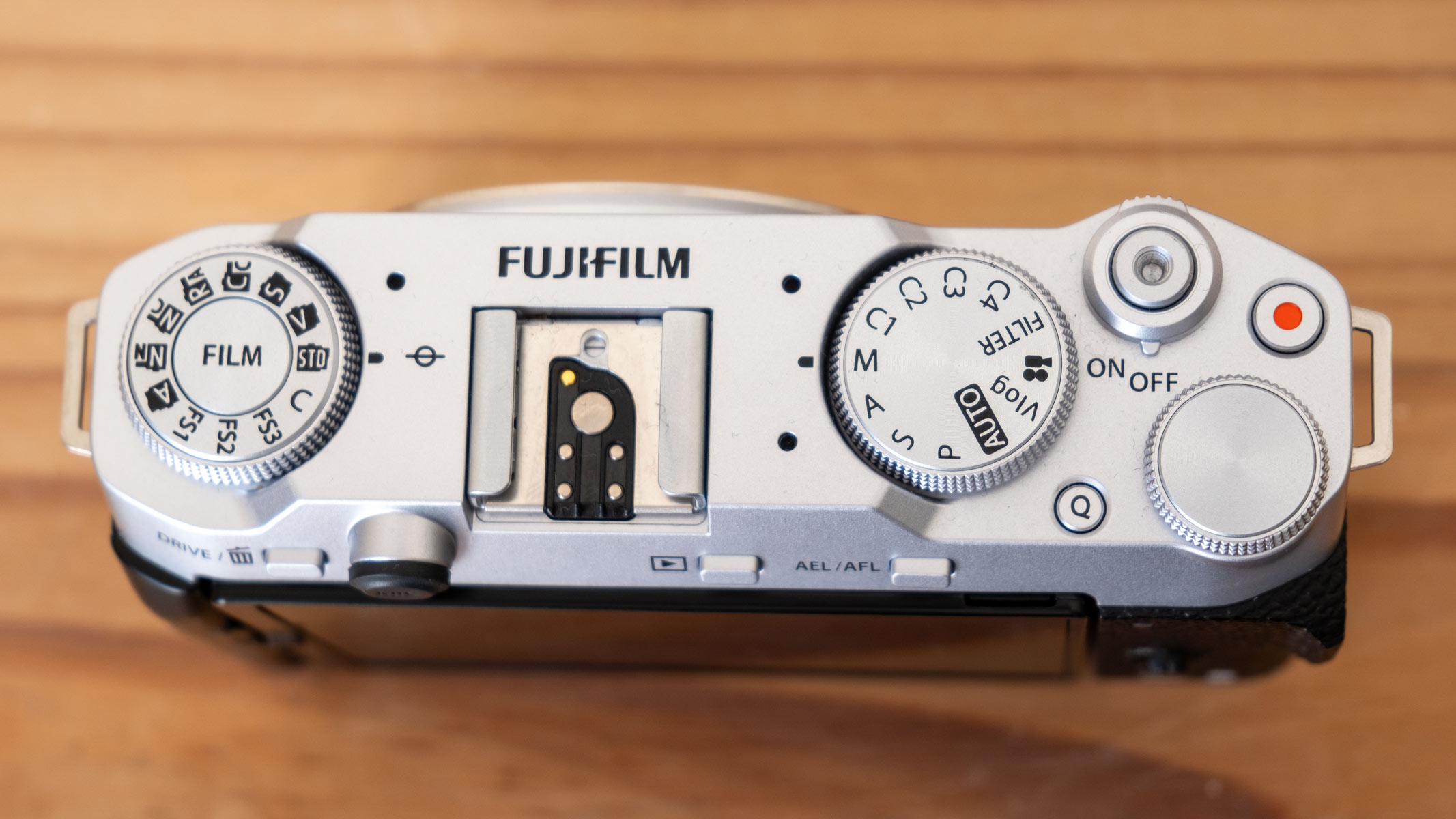 The film-simulation dial, mode dial and other controls on top of the Fujifilm X-M5