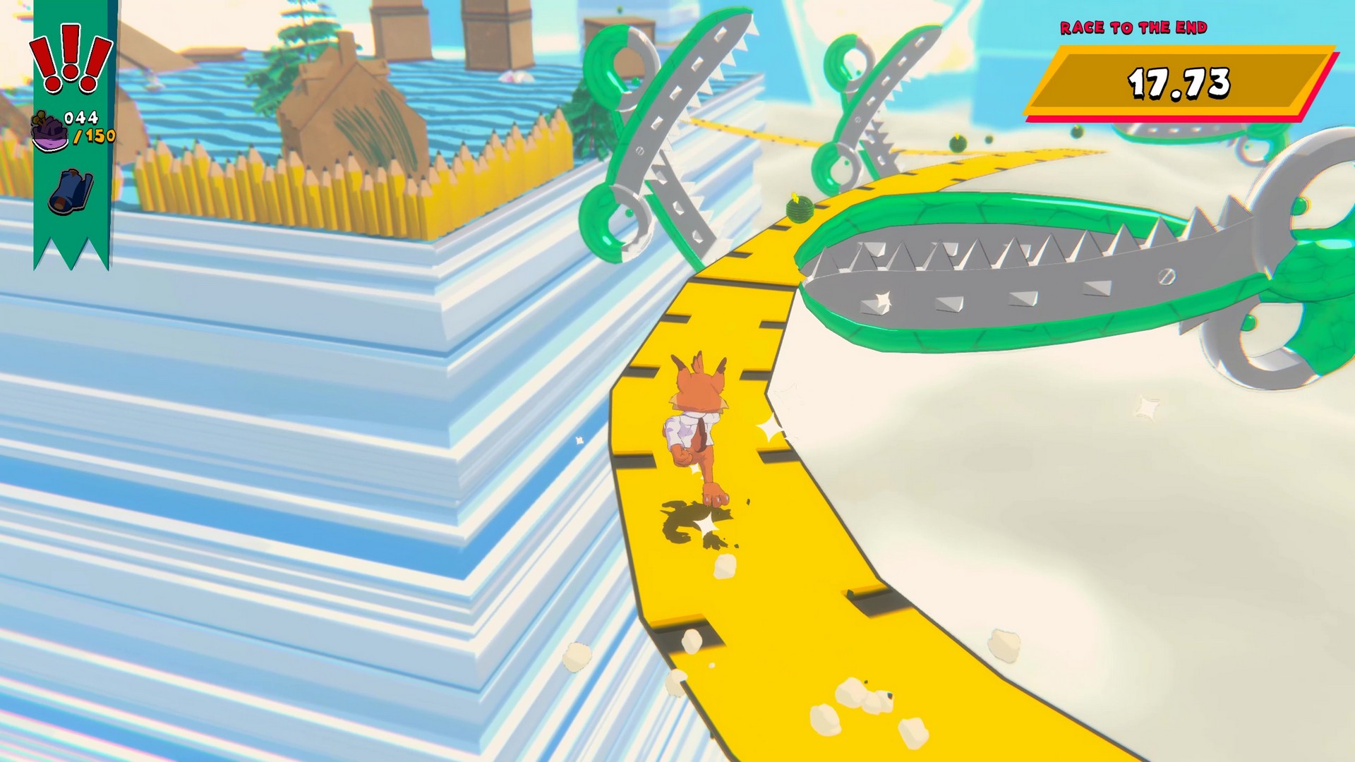 Bubsy runs along a giant tape measure in Bubsy 4D