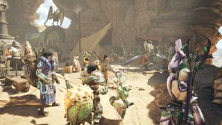 Promotional screenshot of players hanging out at a Base Camp in Monster Hunter Wilds