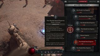 Diablo 4 Barbarian weapon expertise menu looking at two handed sword technique