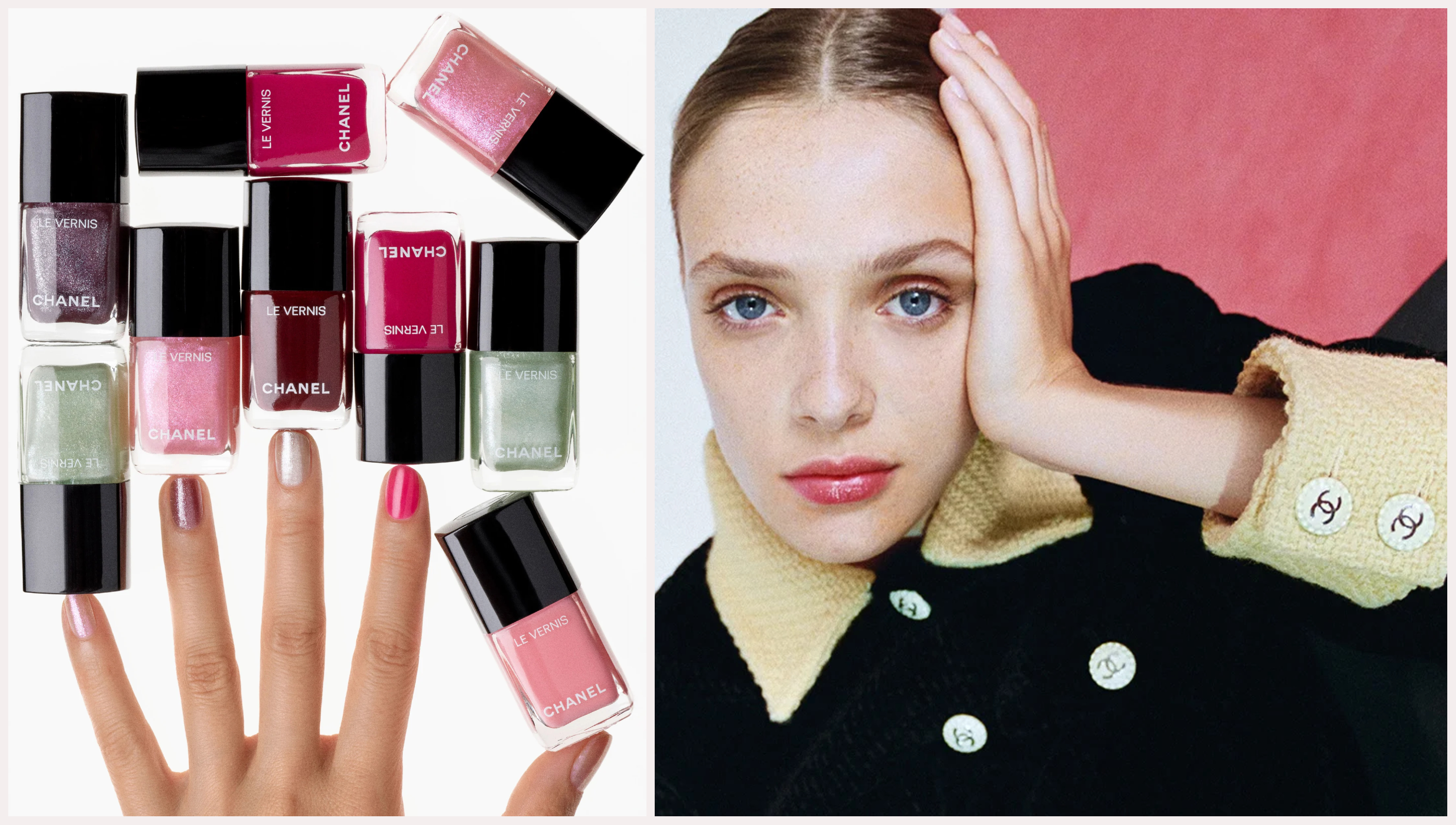 chanel beauty images featuring a hand with multi-color nail polishes and nail polish bottles and a woman with a black and green chanel jacket
