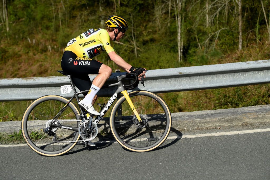 EIBAR SPAIN APRIL 08 Jonas Vingegaard of Denmark and Team Jumbo Visma Yellow Leader Jersey competes in the breakaway during the 62nd Itzulia Basque Country Stage 6 a 1378km stage from Eibar to Eibar UCIWT on April 08 2023 in Eibar Spain Photo by David RamosGetty Images