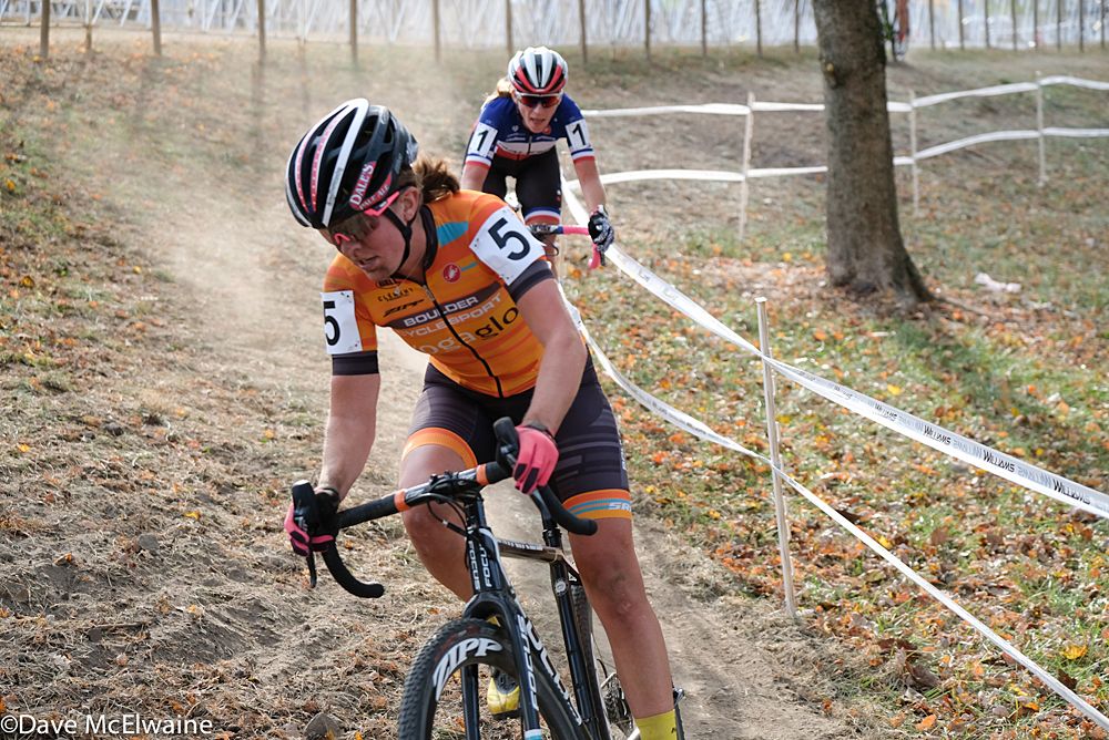 Amanda Miller (Boulder Cycle Sport), her face covered with dirt, leading a surging Caroline Mani