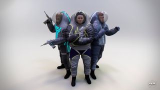 The three proposed designs for NASA's Z-2 spacesuits appear in a lighted environment.