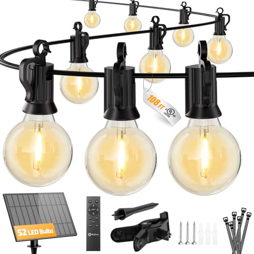 Brightown 108ft 52led Solar String Lights Outdoor With Remote &amp;amp; Usb Port, Shatterproof Bulbs, Dimmable &amp;amp; Timable, 3 Modes, Patio Lights Solar Powered With Mount Clips for Camping Backyard Garden Decor