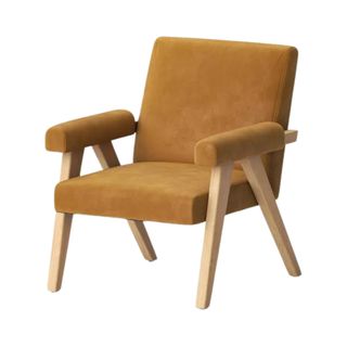 Mustard yellow statement chair with rounded wooden arms and slanted legs