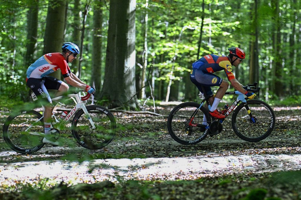 LottoDstnys Belgian rider Florian Vermeersch L and LidlTreks Belgian Jasper Stuyven cycle during the elite race of the the European and Belgian Gravel Championships in Heverlee near Leuven on October 1 2023 Photo by JASPER JACOBS Belga AFP Belgium OUT Photo by JASPER JACOBSBelgaAFP via Getty Images