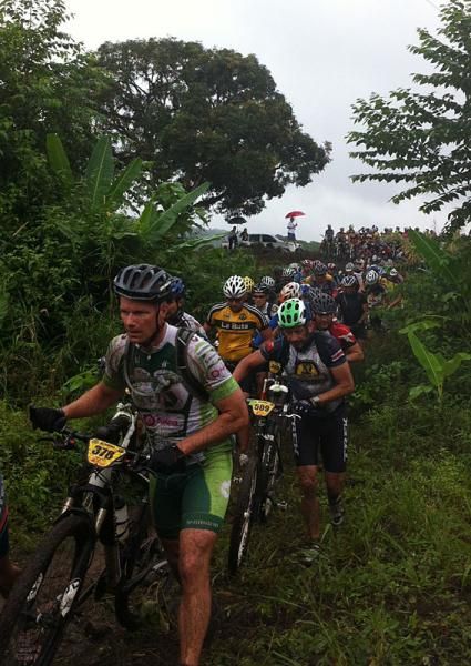The steep, slippery drop-off was a bottleneck early in the race