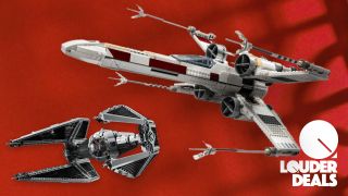 Lego X Wing Starfighter and TIE Fighter on a red background