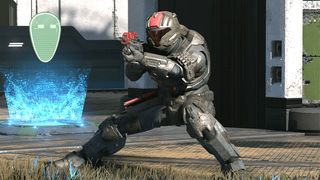 A Spartan in Halo Infinite firing a rifle