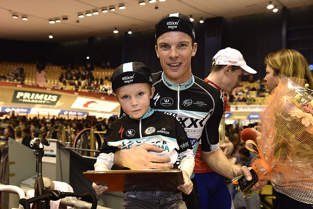 Iljo Keisse and his 6-year-old son.