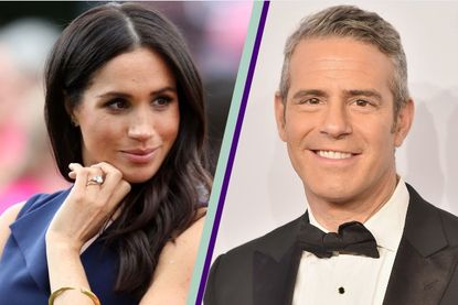 Meghan Markle with her hand on her chin, side by side with a picture of Andy Cohen smiling against a cream backdrop/ in a split template