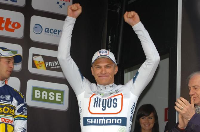 Marcel Kittel (Argos-Shimano) steps out onto the podium for the Scheldeprijs victory ceremony