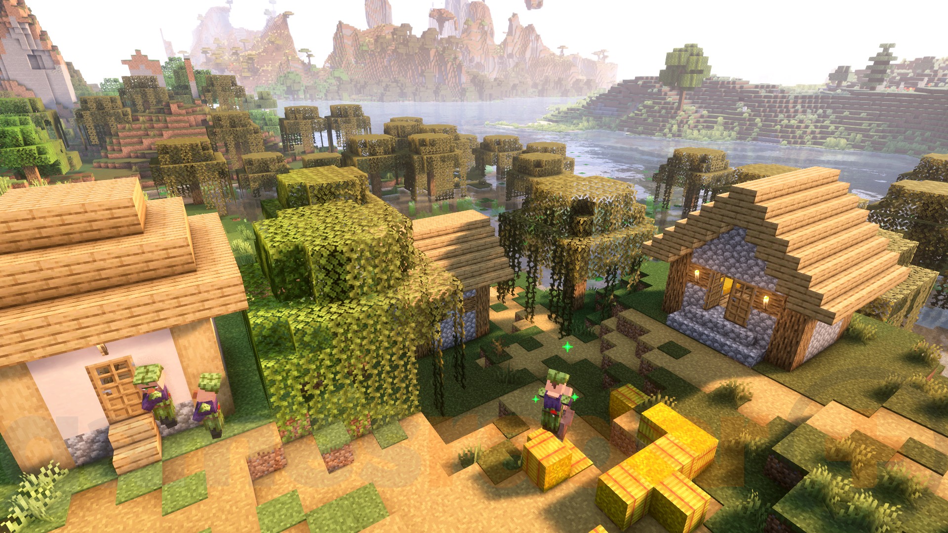 Swamp villagers wander around a plains village in one of the best Minecraft village seeds.
