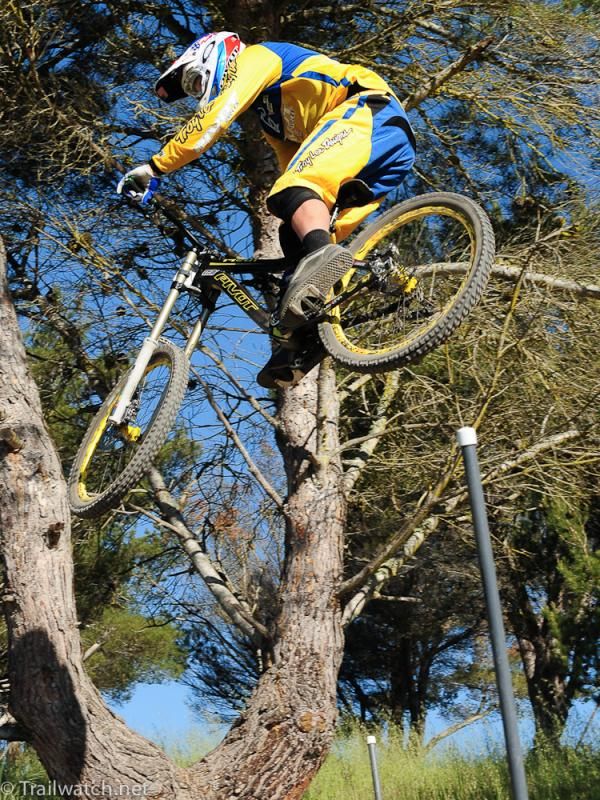 A Troy Lee rider soars through the trees