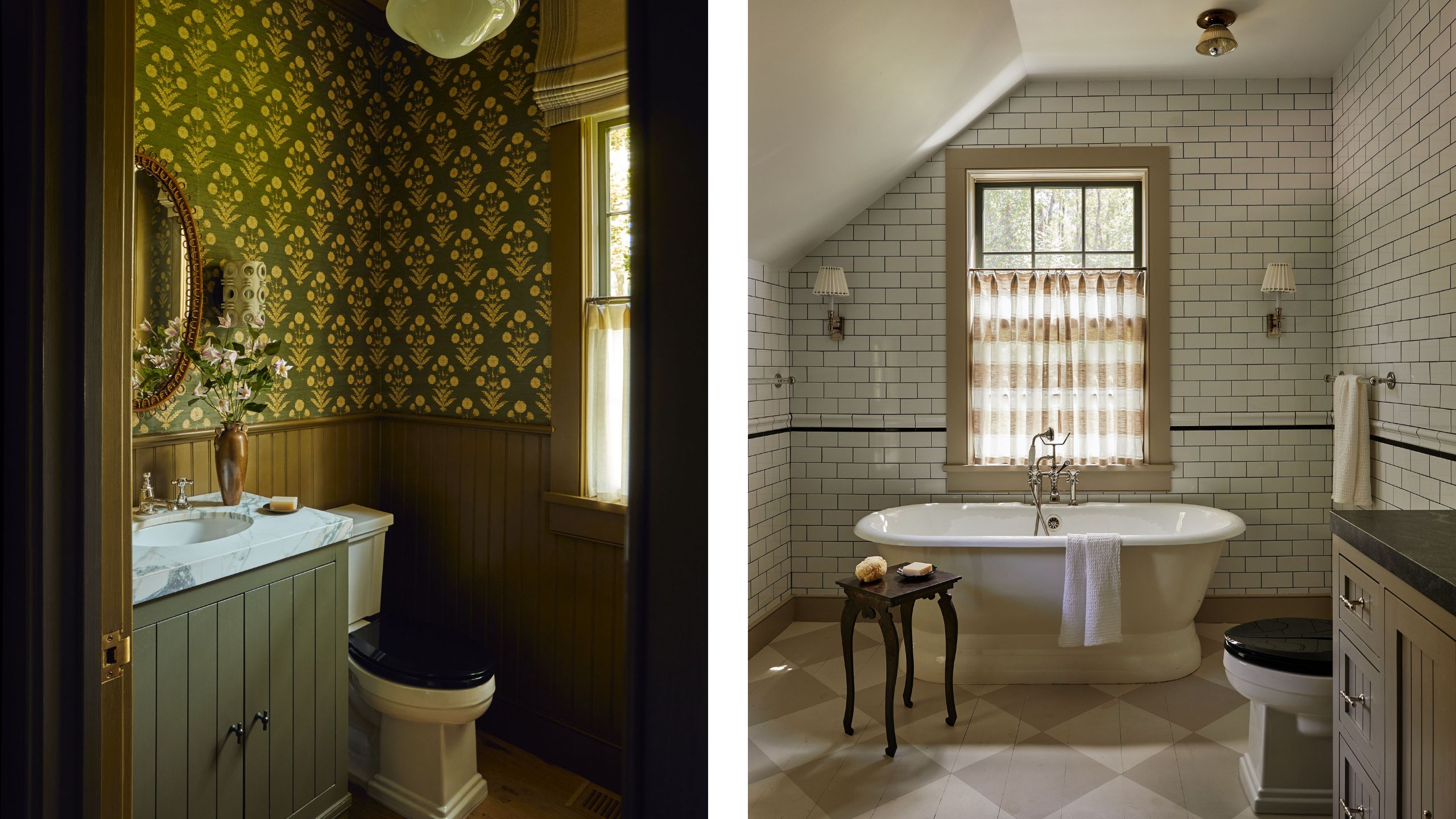 two side by side images of a warm green powder room with wallpaper next to a farmhouse style family bath with tub and checkerboard floor