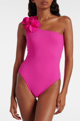 Karla Colletto Floral-appliqué one-shoulder swimsuit