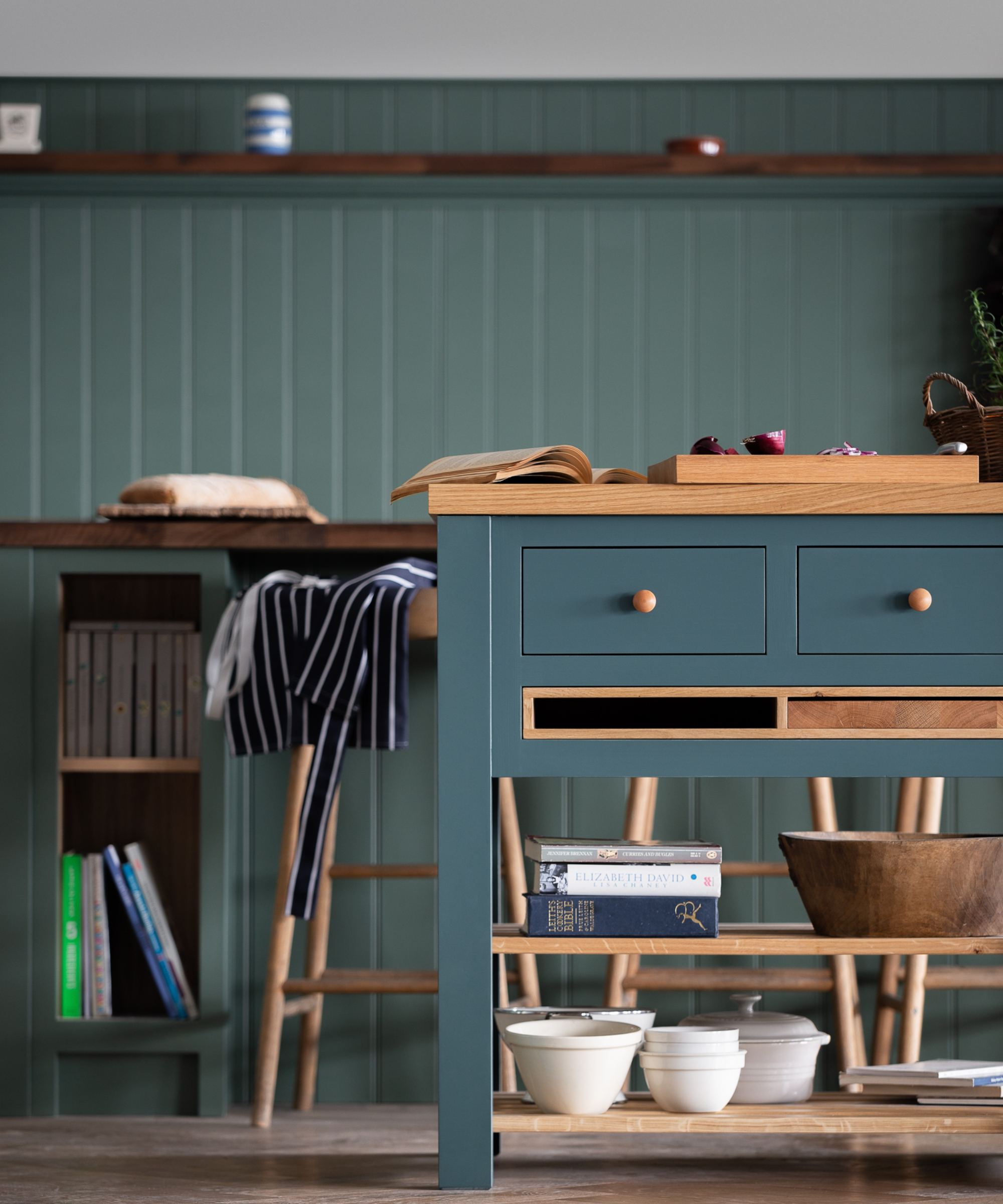 green and wood topped mobile baker bench