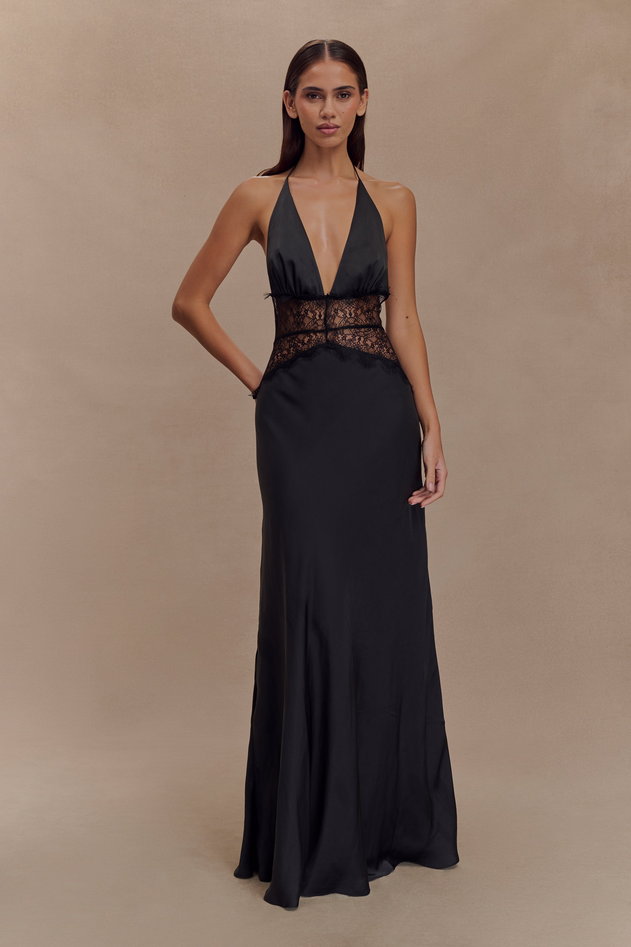 Dinah Lace and Satin Maxi Dress - Black Xxs