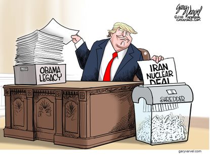 Political cartoon U.S. Trump Obama legacy destruction Iran Deal