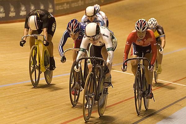 Australian Emily Rosemond leads the pack to the line in a heat of the women's keirin.