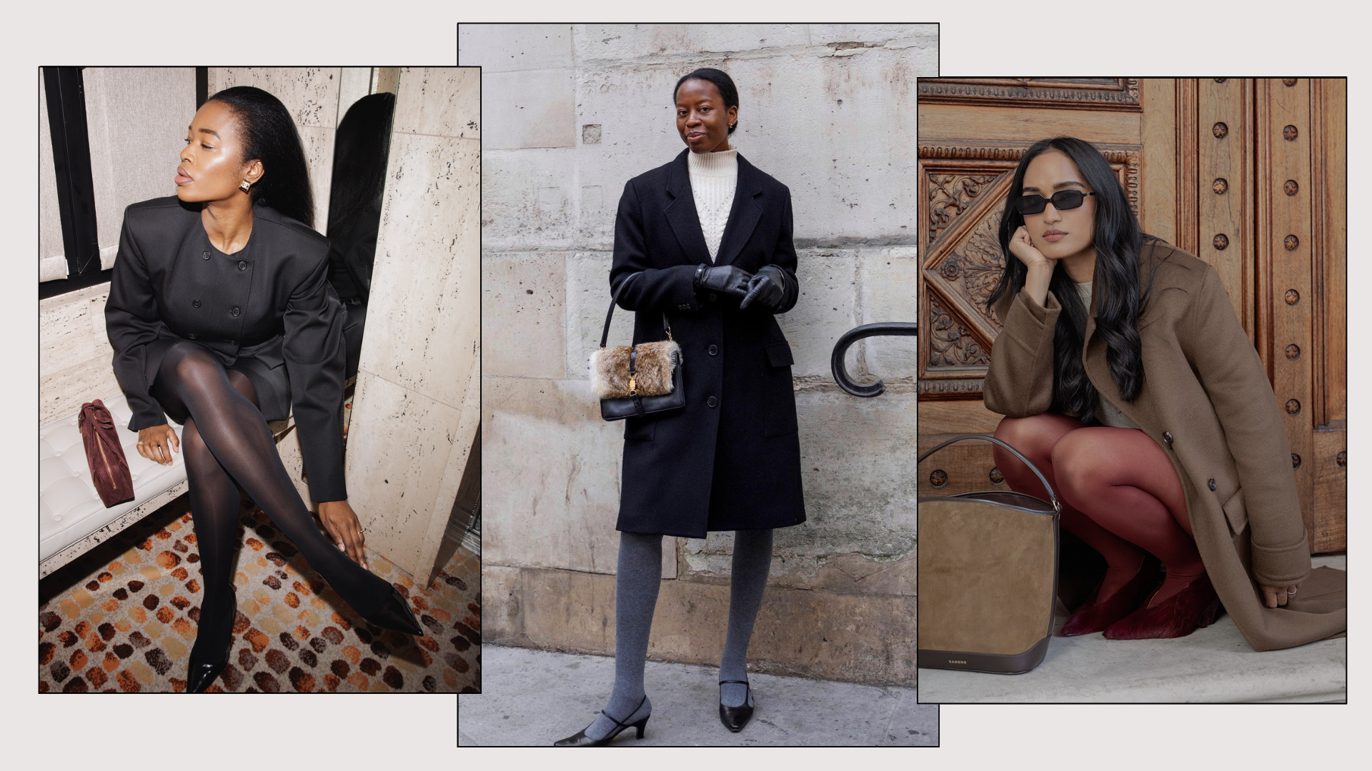A collage of the chicest alternatives to black tights, including burgundy and grey.