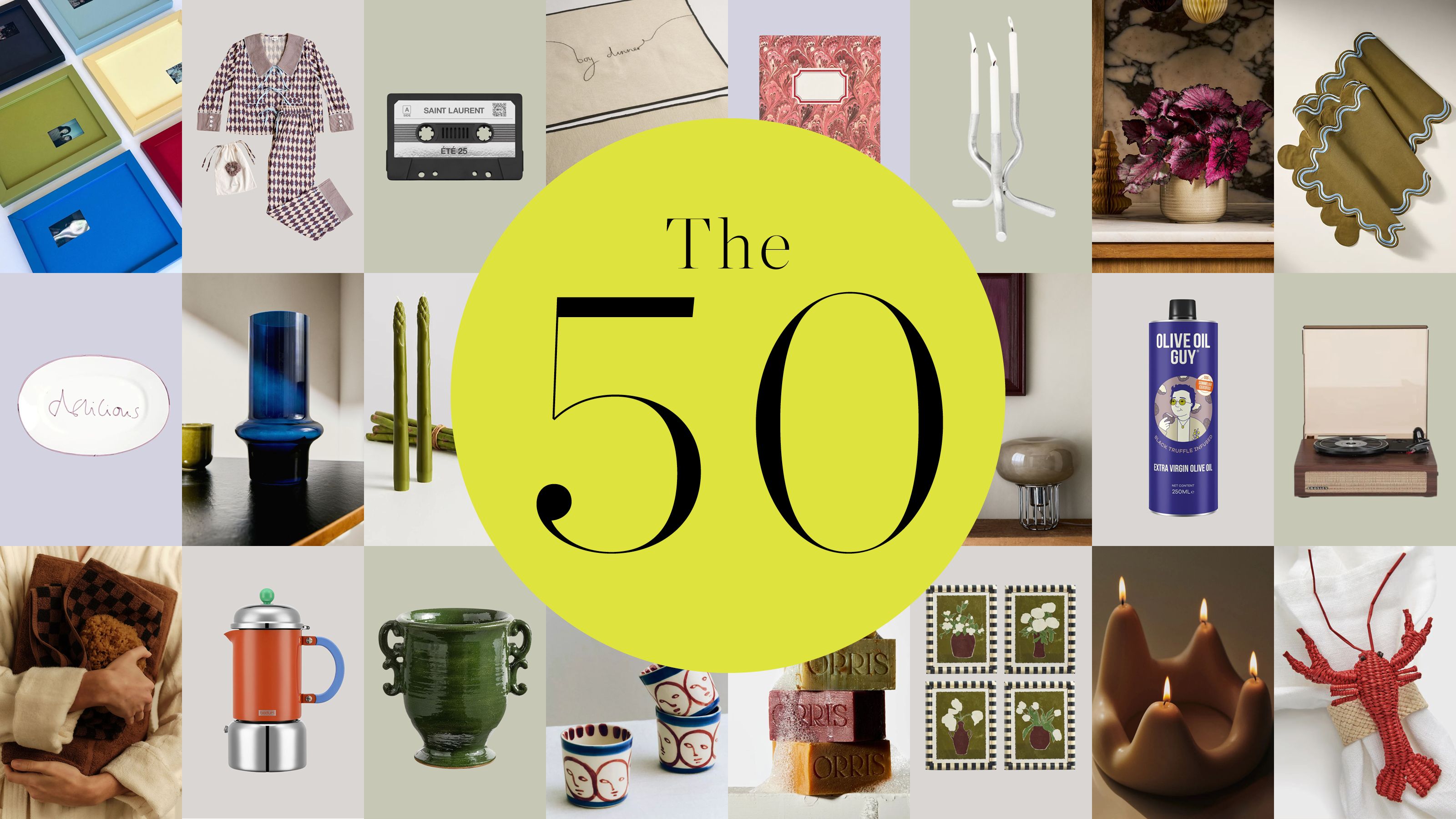 collage of homewares with yellow circle in the middle with &#039;The 50&#039; written on it