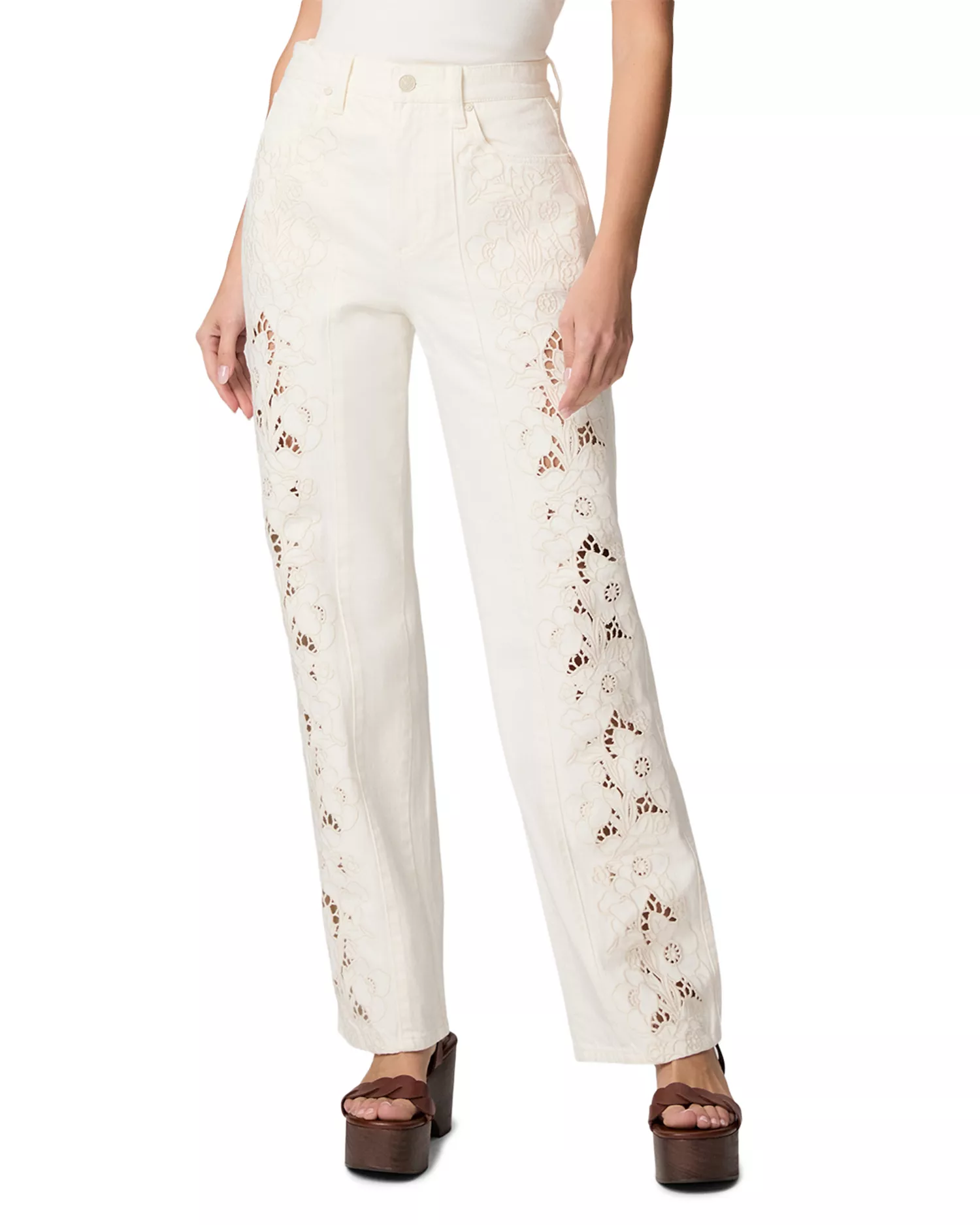 Paige, Sawyer High Rise Wide Leg Jeans in Tonal Ecru Embroidered