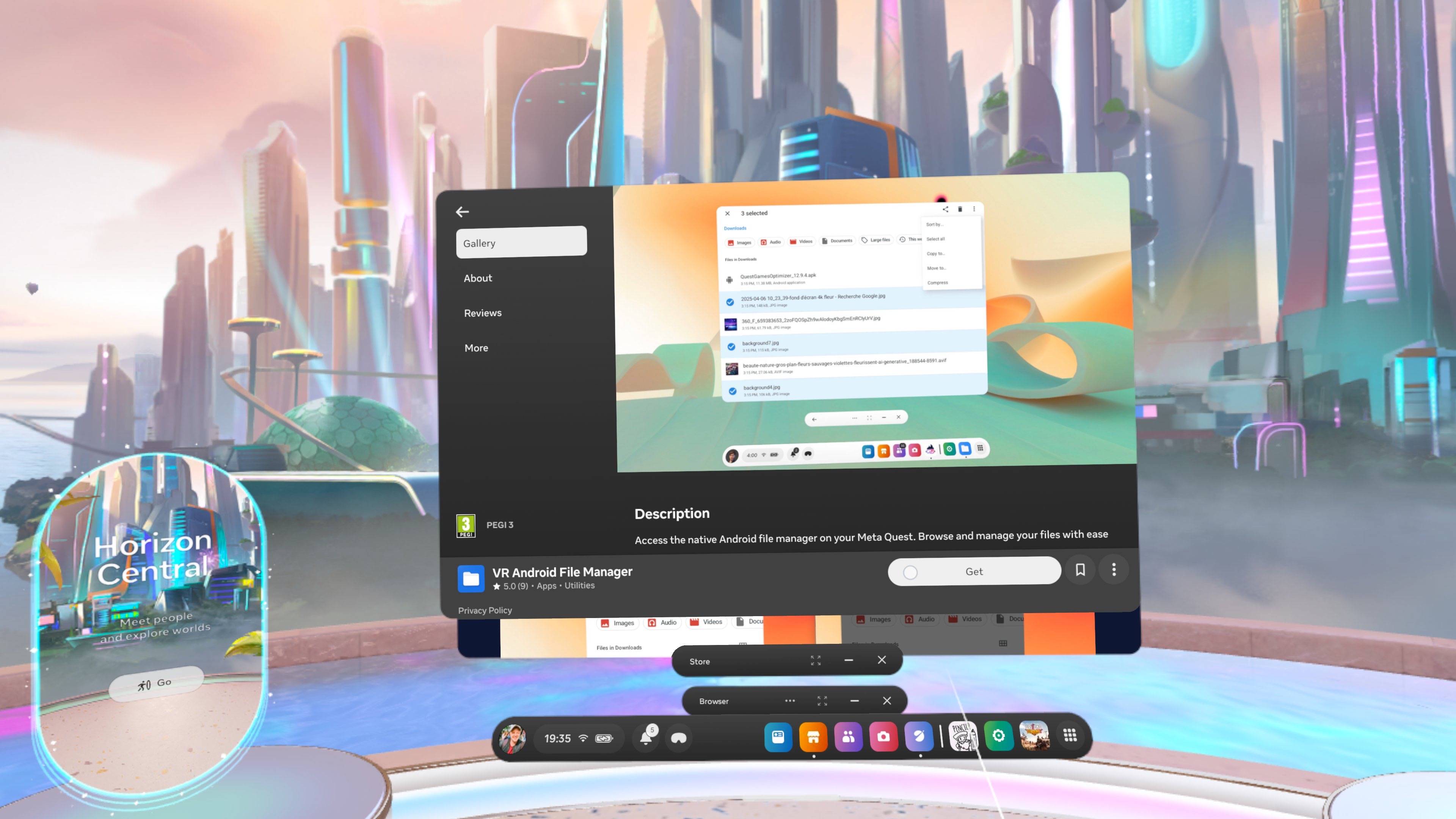 VR Andoird File Manager install page shown on window on Meta Quest 3 in VR