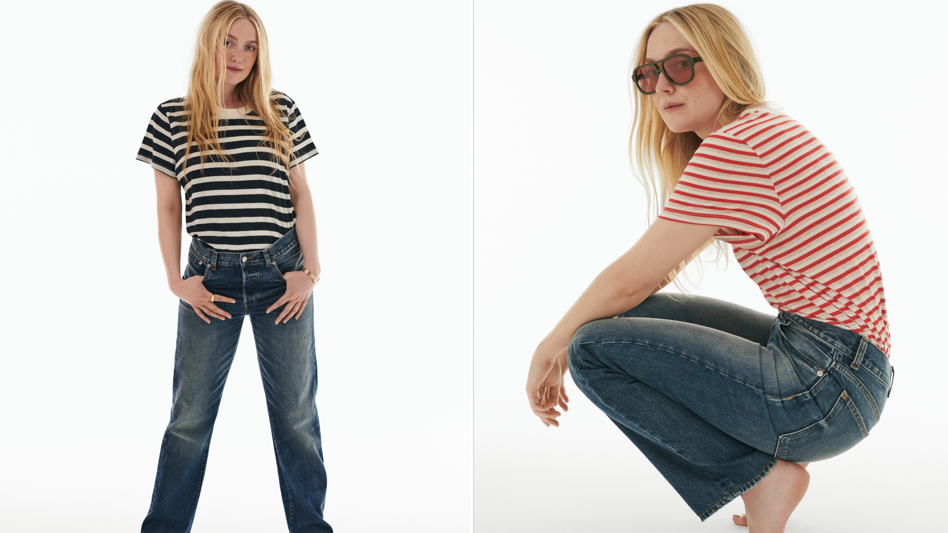 Split image of Dakota fanning for madewell campaign wearing straight jeans and striped t-shirts 