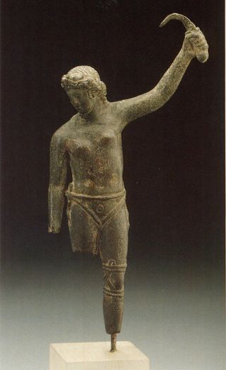 A small bronze statue of what one researcher says is a Roman female gladiator.