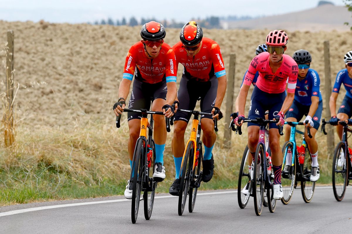 Giro della Toscana 2021 6th Edition Pontedera Pontedera 1915 km 15092021 Domen Novak SLO Bahrain Victorious Jonathan Milan ITA Bahrain Victorious photo Luca BettiniBettiniPhoto2021