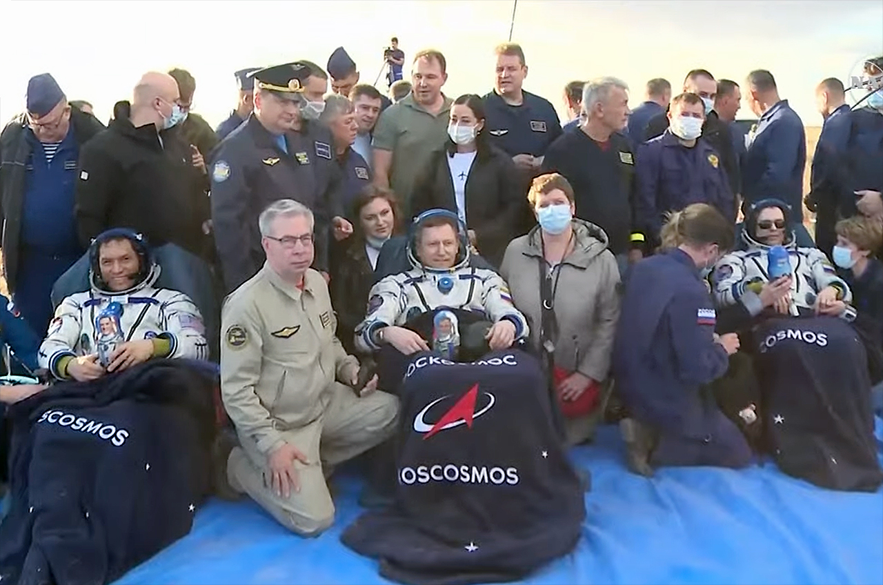 NASA astronaut Frank Rubio (left) and Roscosmos cosmonauts Sergey Prokopyev and Dmitri Petelin are seen after landing aboard Soyuz MS-23 from the International Space Station on the Kazakh steppe on Wednesday, Sept. 27, 2023.