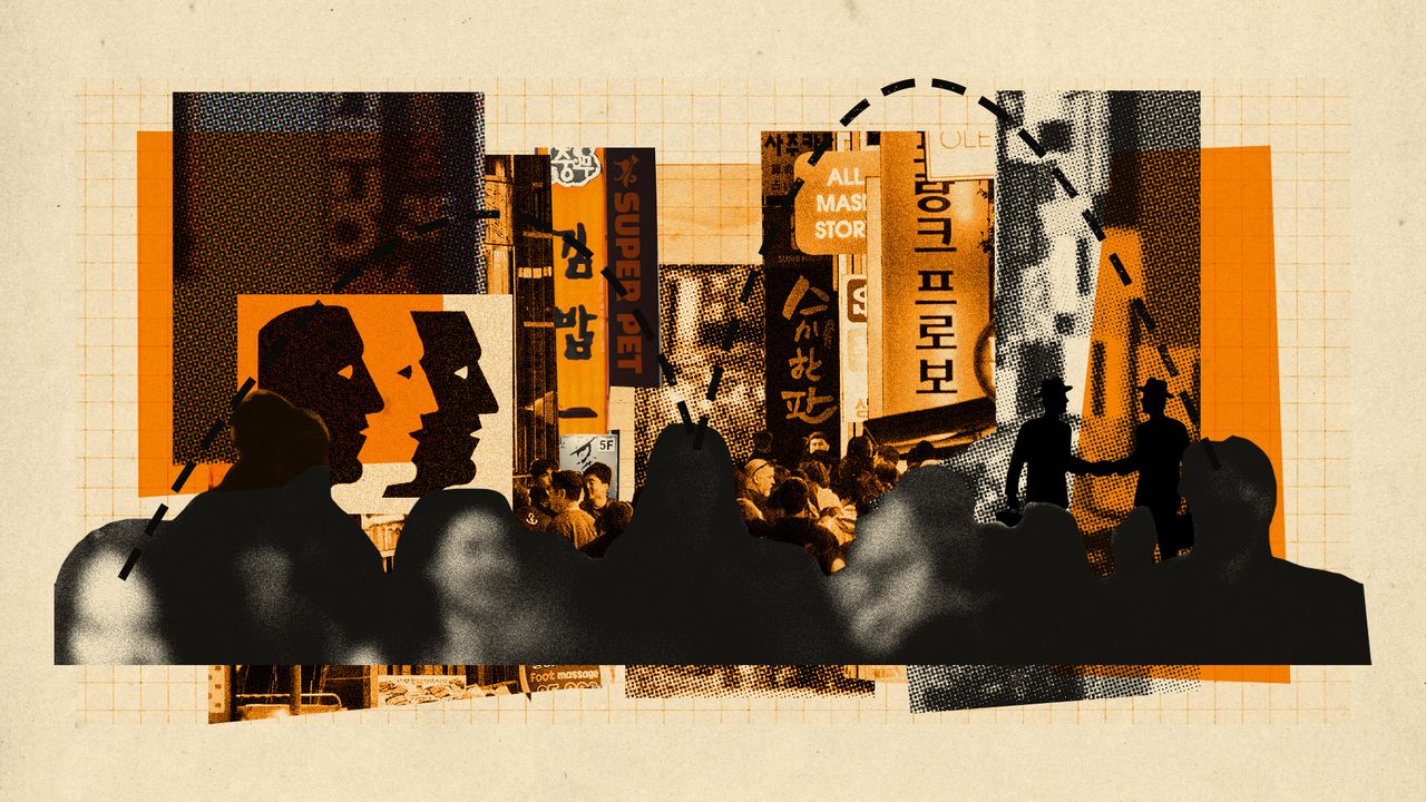 Photo collage of a busy street in Seoul. People&#039;s faces are blurry and unrecognisable, and the composition of elements is choppy and fragmented 