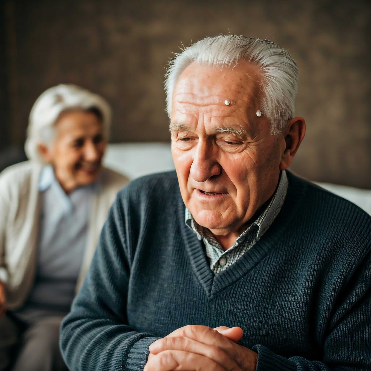 Old man looking sad while his wife laughs generated by Pixel Studio