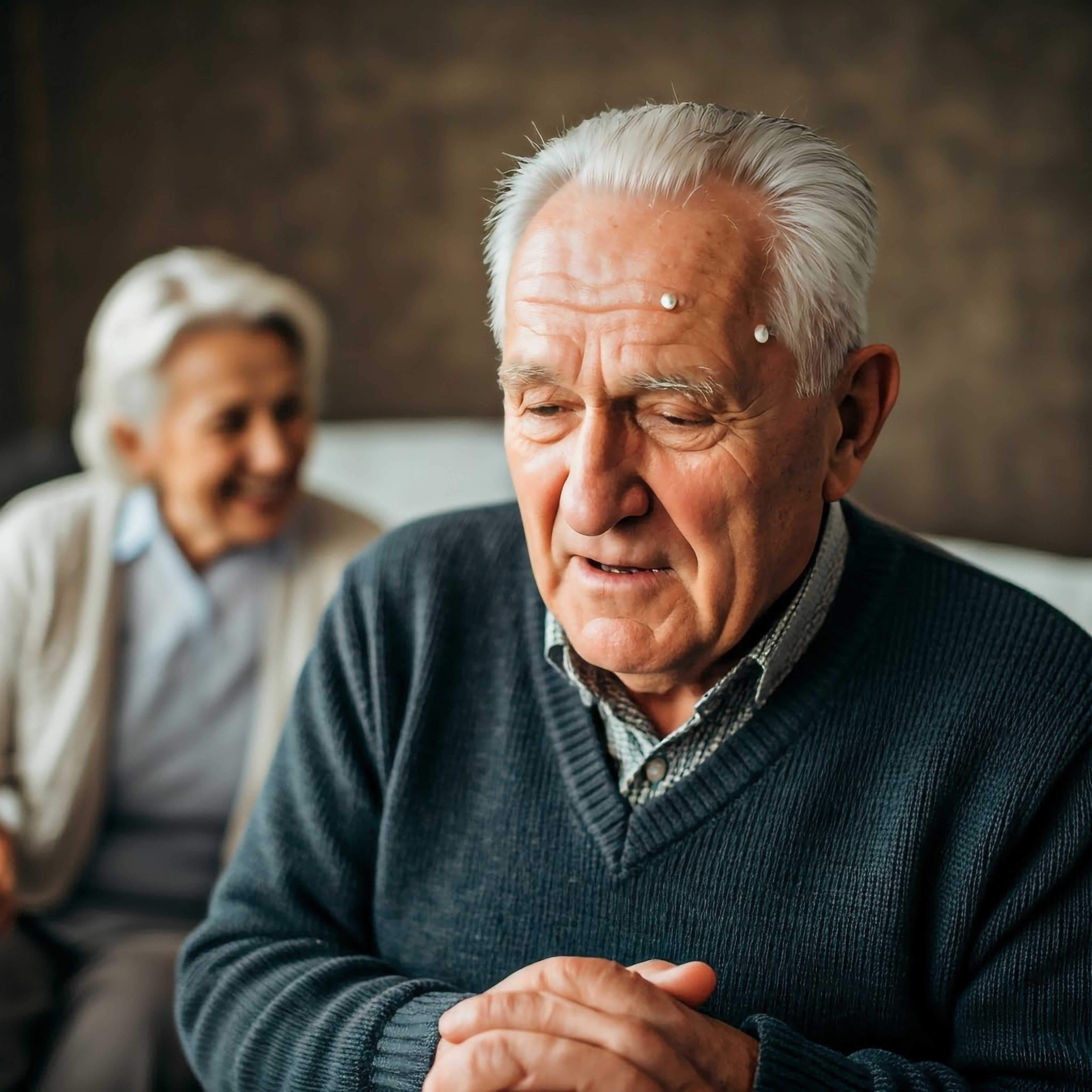 Old man looking sad while his wife laughs generated by Pixel Studio