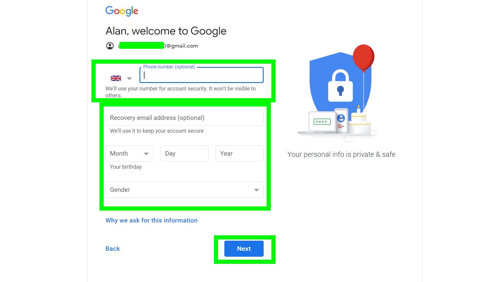 Как создать учетную запись gmail - раздел личной информации