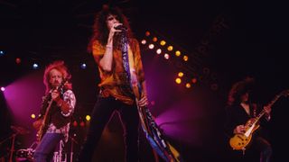 Brad Whitford, Steven Tyler and Joe Perry of Aerosmith perform on stage at Wembley Arena in London, England on December 07, 199