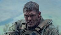 Close up on Alan Ritchson's Staff Sergeant 81 in War Machine