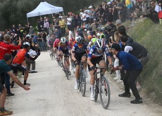 SIENA ITALY MARCH 08 LR Demi Vollering of Netherlands and Juliette Labous of France and Team FDJ SUEZ compete in the chase group while fans cheers during the 11st Strade Bianche 2025 Womens Elite a 136km one day race from Siena to Siena 320m UCIWWT on March 08 2025 in Siena Italy Photo by Dario BelingheriGetty Images