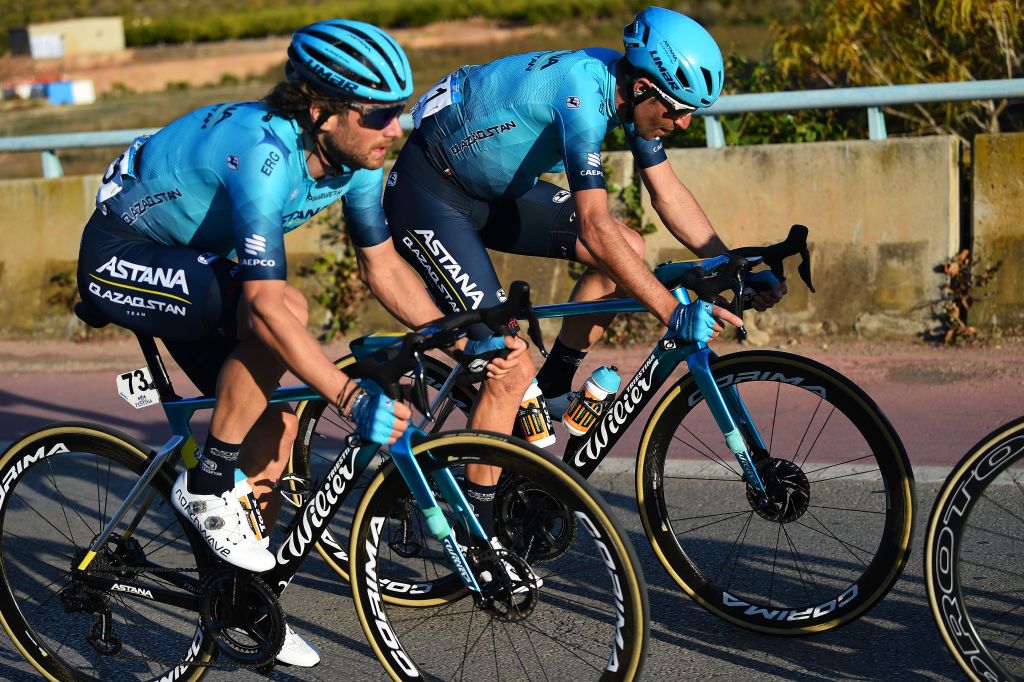 VALENCIA SPAIN FEBRUARY 06 LR Manuele Boaro of Italy and Vincenzo Nibali of Italy and Astana Qazaqstan Team compete in the breakaway during the 73rd Volta A La Comunitat Valenciana 2022 Stage 5 a 92km stage from Paterna to Valencia VCV2022 on February 06 2022 in Valencia Spain Photo by Dario BelingheriGetty Images