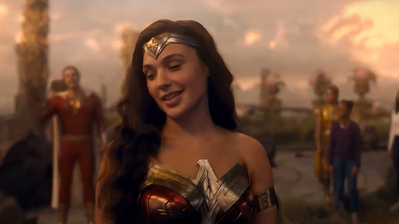 A screenshot of Wonder Woman's cameo in Shazam! Fury of the Gods