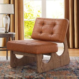 Lue Bona Upholstered Accent Chair With Red Oak Wood Legs, Mid Century Modern Accent Chairs for Living Room, Scandinavian Armless Faux Leather Side Chairs for Small Space, Bedroom, Office, Brown