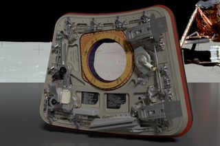 A 3D rendering of the crew hatch from an Apollo command module based on scans of the real Apollo 11 hardware. The same data will be used by Adam Savage's "Project Egress" to assemble a full-size replica for the National Air and Space Museum.
